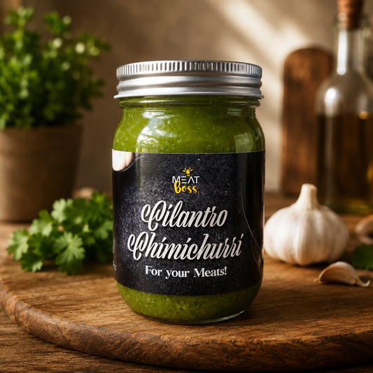 Frasco de Cilantro Chimichurri Meat Boss sobre tabla de madera rústica con cilantro fresco y ajo en un ambiente de cocina gourmet.