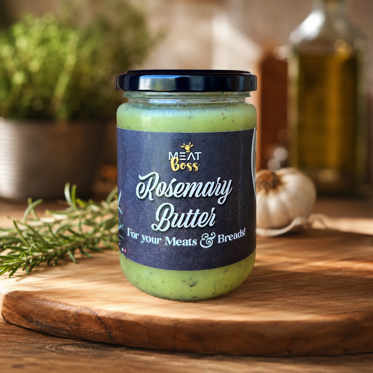 Jar of Meat Boss Rosemary Butter on a rustic wooden board with rosemary and garlic in a gourmet kitchen background.